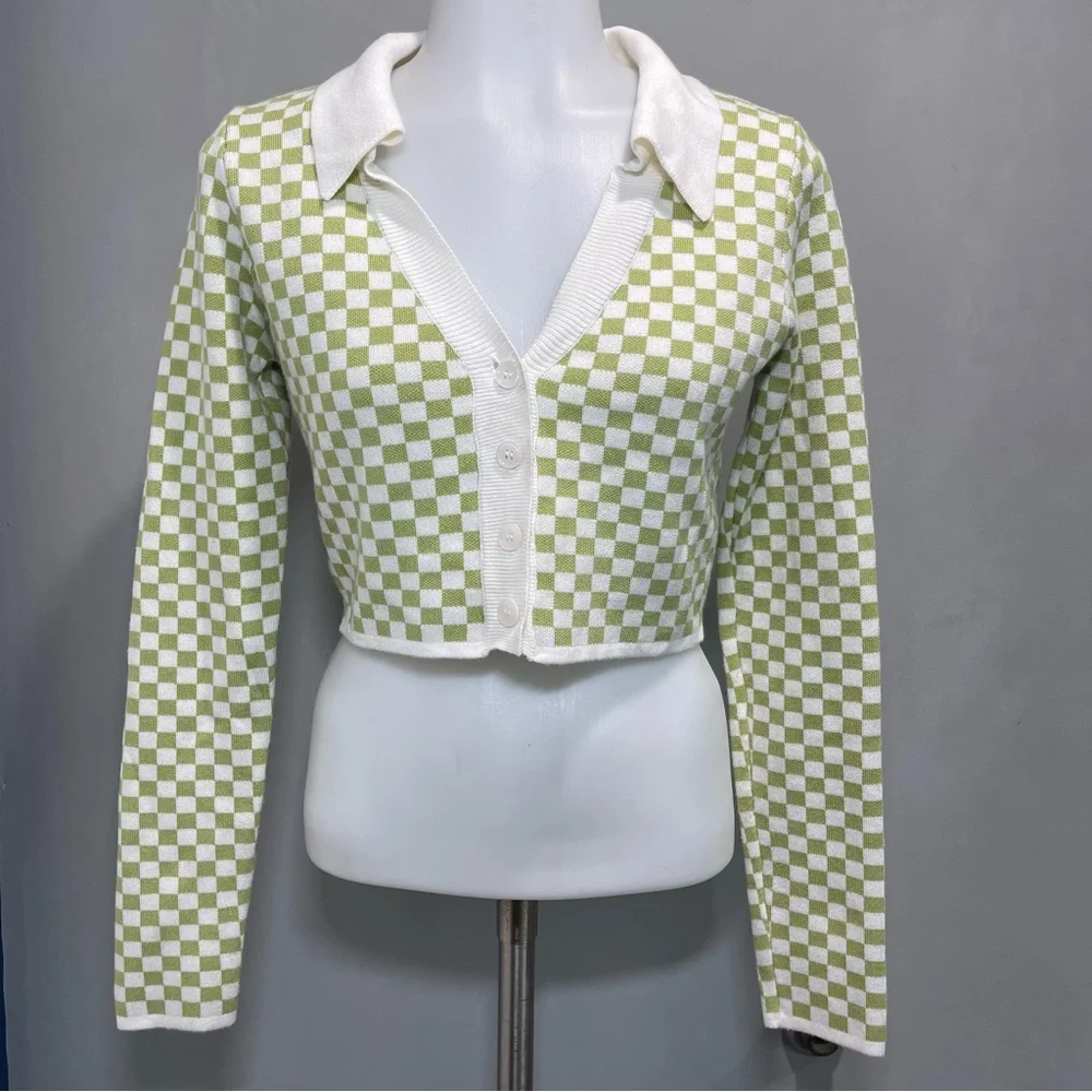 Tara Long Sleeve Checkered Cropped Cardigan Small . - Picture 4 of 11